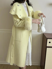 Casual Fox Hair Stitching Sleeves Double Sided Woolen Button Belt Gathered Waist Coats