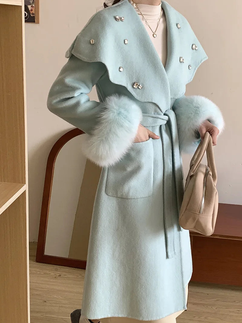 Casual Fox Hair Stitching Sleeves Double Sided Woolen Button Belt Gathered Waist Coats