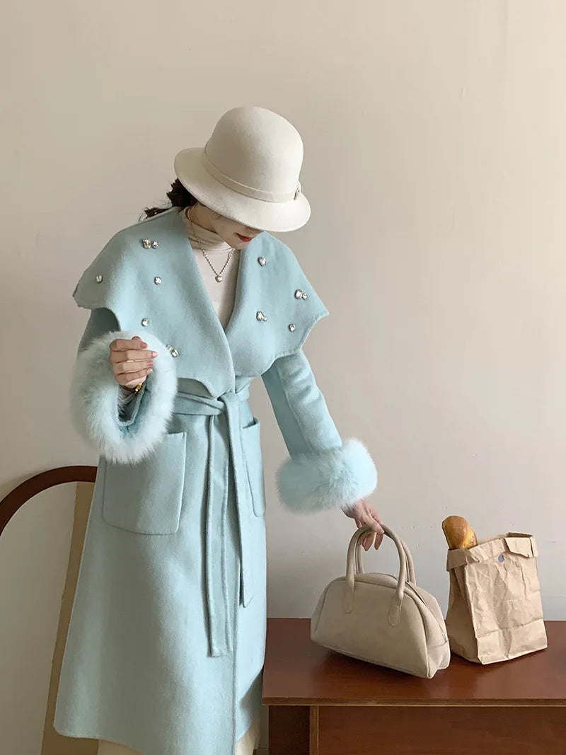 Casual Fox Hair Stitching Sleeves Double Sided Woolen Button Belt Gathered Waist Coats