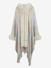 Casual Fringe Hooded Stripes Tassel Trim Oversized Poncho Cape