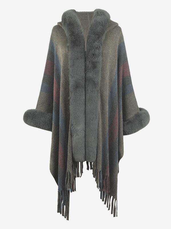 Casual Fringe Hooded Stripes Tassel Trim Oversized Poncho Cape