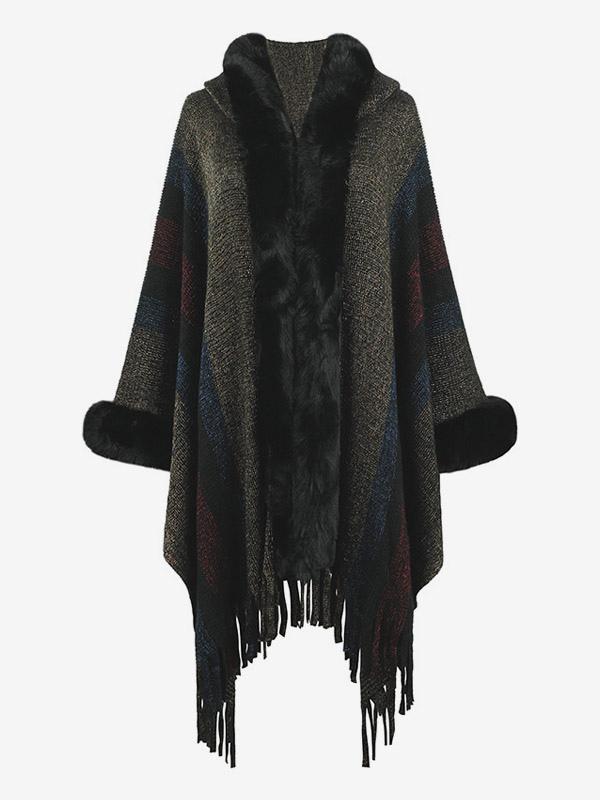 Casual Fringe Hooded Stripes Tassel Trim Oversized Poncho Cape