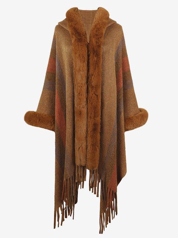 Casual Fringe Hooded Stripes Tassel Trim Oversized Poncho Cape