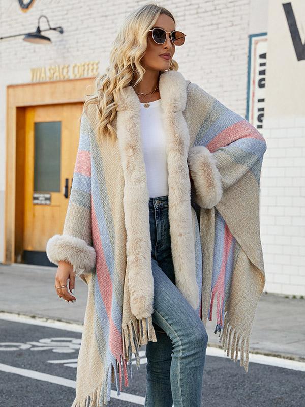 Casual Fringe Hooded Stripes Tassel Trim Oversized Poncho Cape
