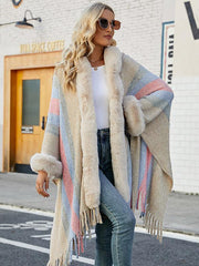 Casual Fringe Hooded Stripes Tassel Trim Oversized Poncho Cape