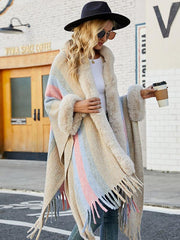 Casual Fringe Hooded Stripes Tassel Trim Oversized Poncho Cape