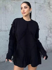 Casual Fringe Jewel Neck Pullovers Polyester Sweaters
