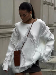 Casual Fringe Jewel Neck Pullovers Polyester Sweaters