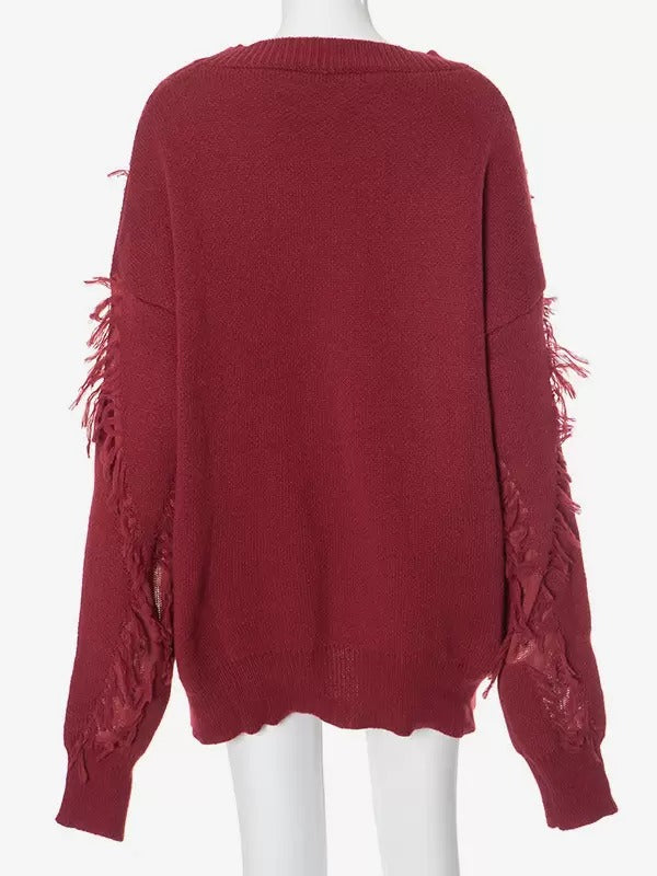 Casual Fringe Jewel Neck Pullovers Polyester Sweaters