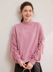 Casual High Collar 3D Embroidered Splicing Lace Long Sleeve With Thick Velvet Hoodie