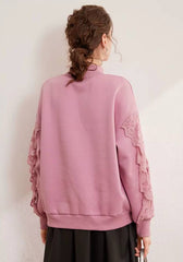 Casual High Collar 3D Embroidered Splicing Lace Long Sleeve With Thick Velvet Hoodie
