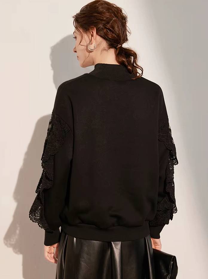 Casual High Collar 3D Embroidered Splicing Lace Long Sleeve With Thick Velvet Hoodie