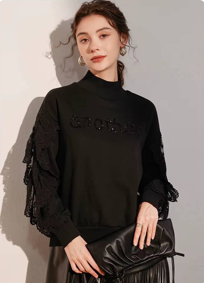 Casual High Collar 3D Embroidered Splicing Lace Long Sleeve With Thick Velvet Hoodie