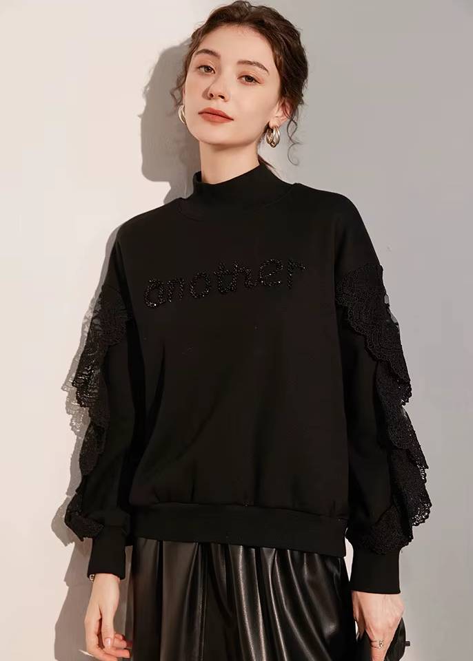 Casual High Collar 3D Embroidered Splicing Lace Long Sleeve With Thick Velvet Hoodie