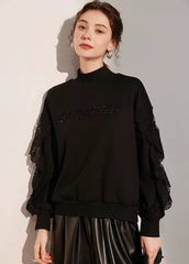 Casual High Collar 3D Embroidered Splicing Lace Long Sleeve With Thick Velvet Hoodie