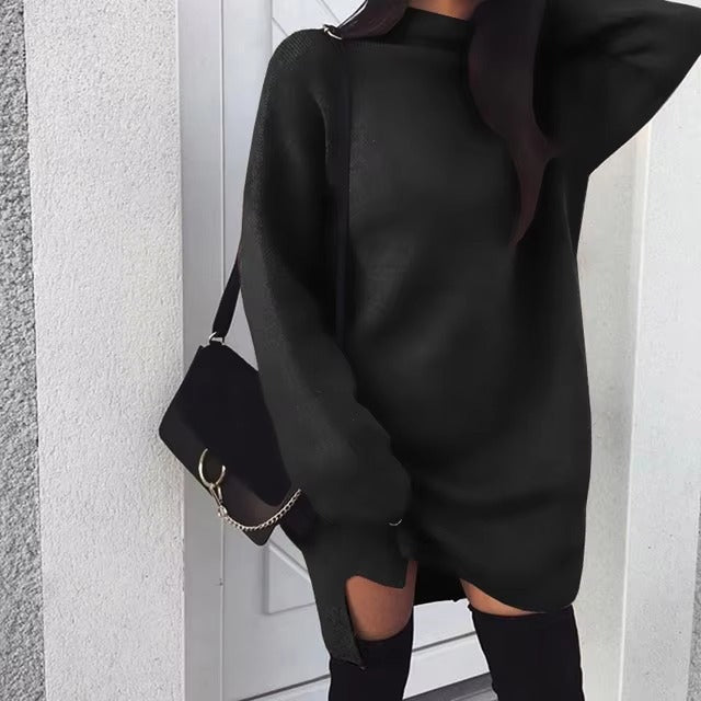 Casual High Neck Side Slit Long Sleeve Simple Basic Sportwear Sweatshirt Short Dress