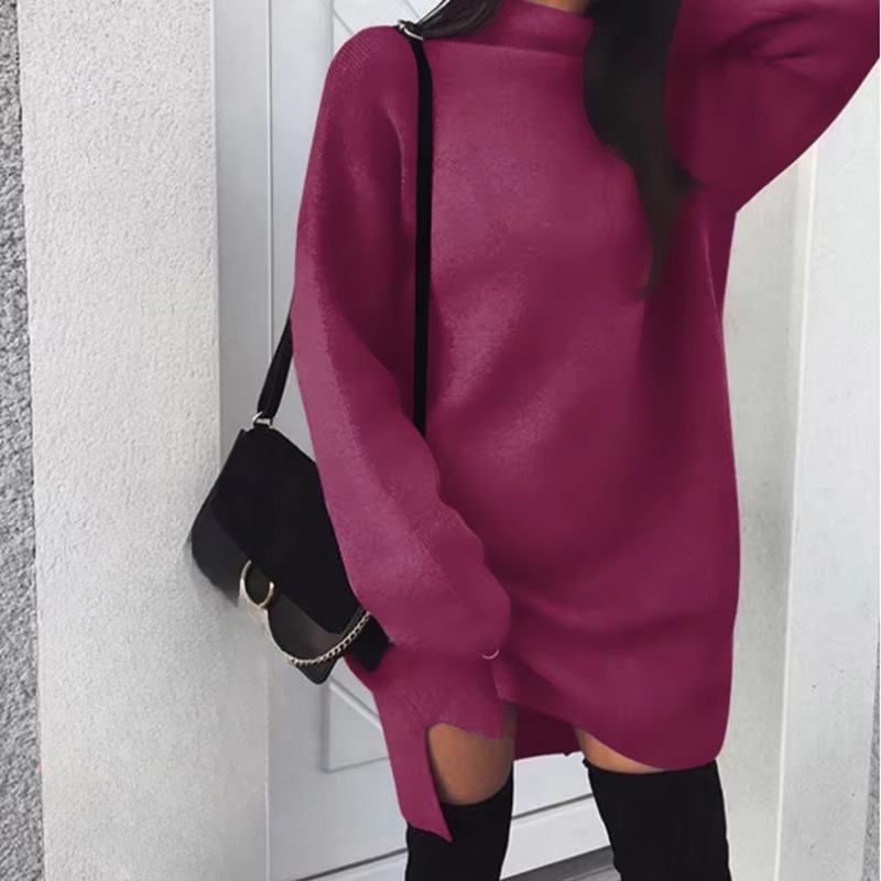 Casual High Neck Side Slit Long Sleeve Simple Basic Sportwear Sweatshirt Short Dress