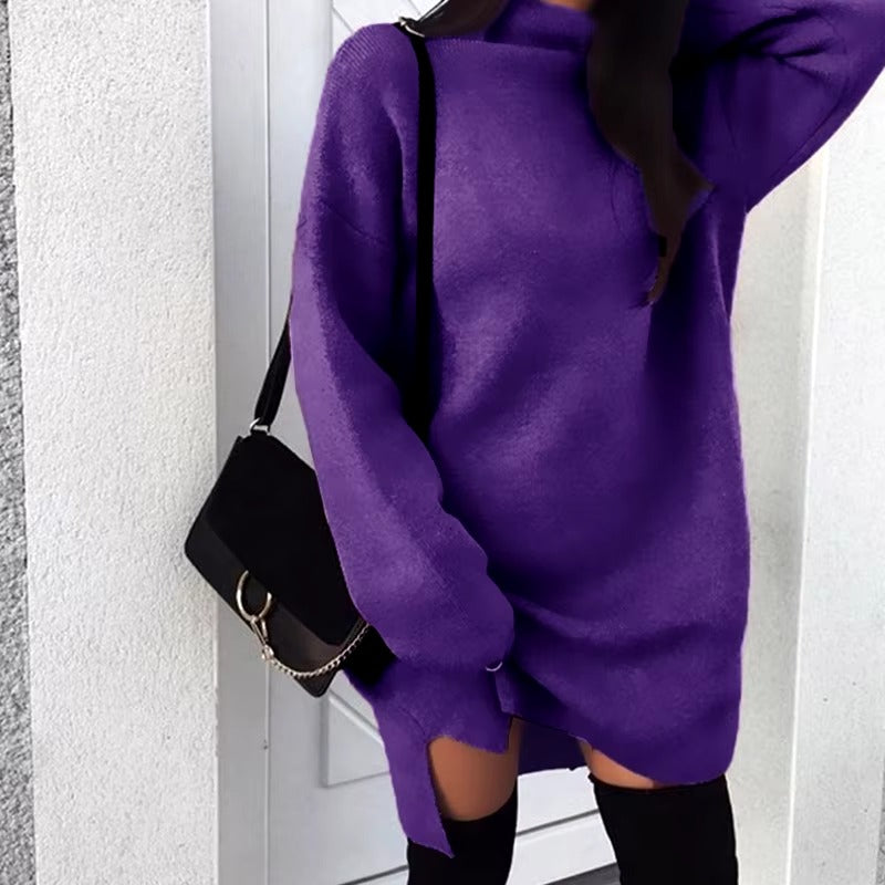Casual High Neck Side Slit Long Sleeve Simple Basic Sportwear Sweatshirt Short Dress