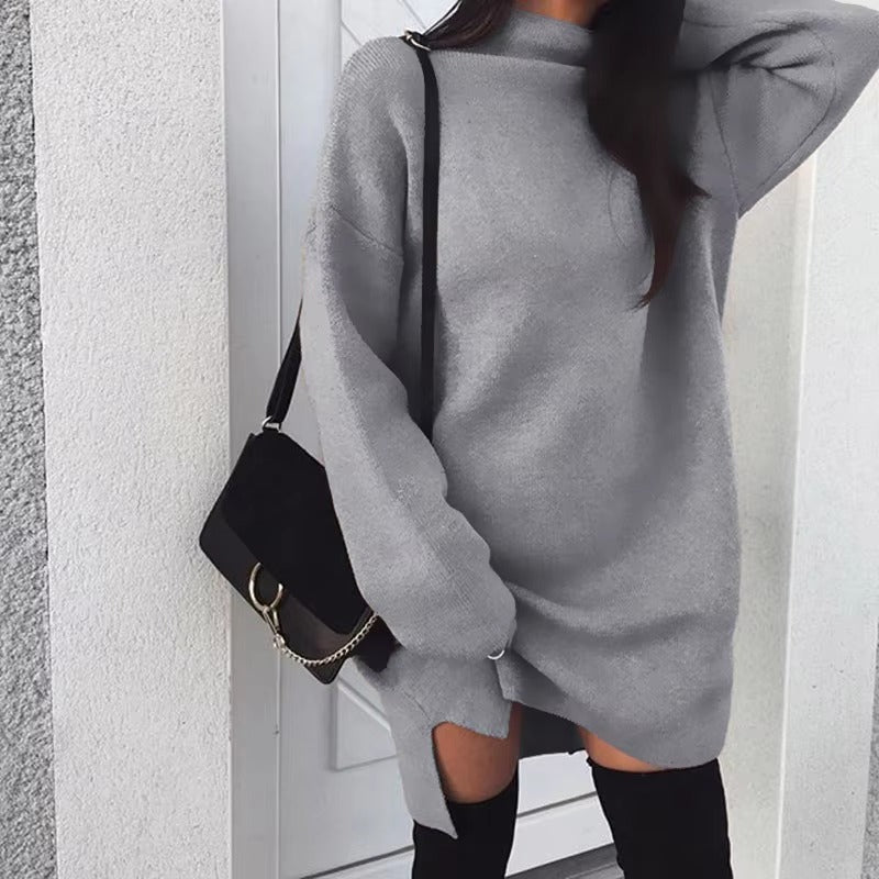 Casual High Neck Side Slit Long Sleeve Simple Basic Sportwear Sweatshirt Short Dress