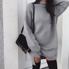 Casual High Neck Side Slit Long Sleeve Simple Basic Sportwear Sweatshirt Short Dress