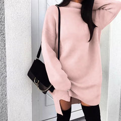 Casual High Neck Side Slit Long Sleeve Simple Basic Sportwear Sweatshirt Short Dress