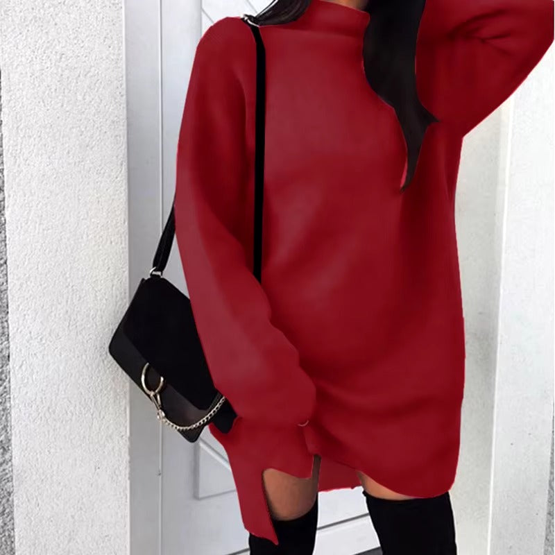 Casual High Neck Side Slit Long Sleeve Simple Basic Sportwear Sweatshirt Short Dress