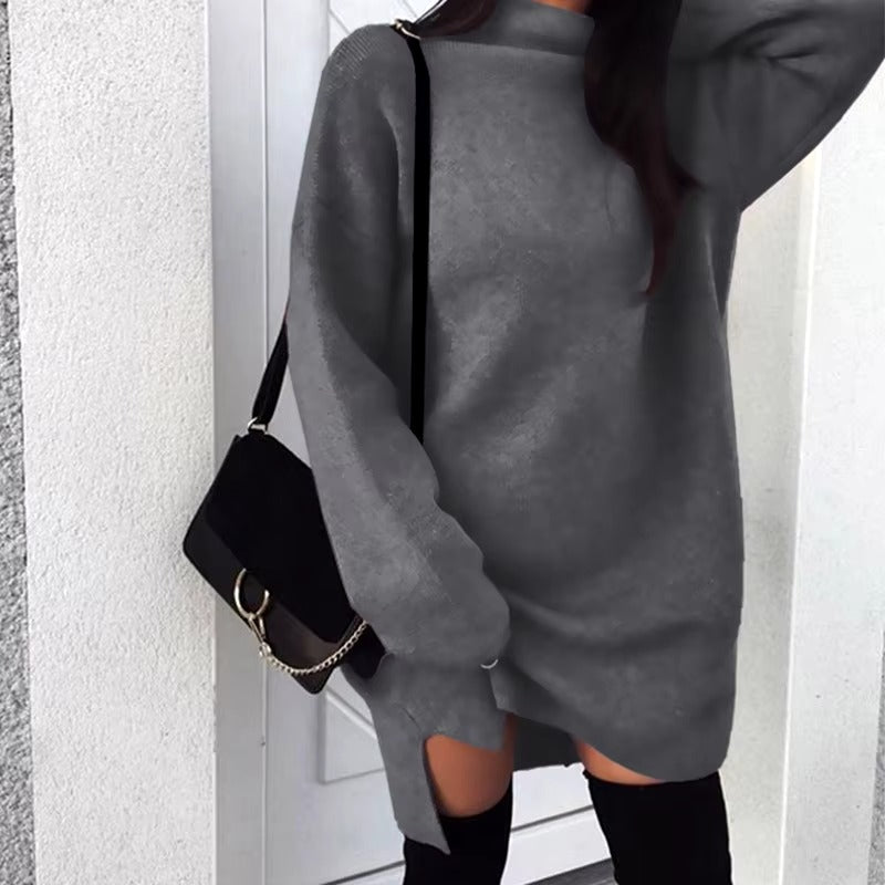 Casual High Neck Side Slit Long Sleeve Simple Basic Sportwear Sweatshirt Short Dress