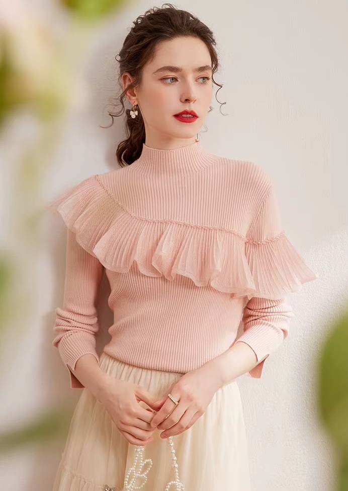 Casual High Neck Windproof Warm Beaded Splicing Folded Ruffle Edge Knitted Sweater