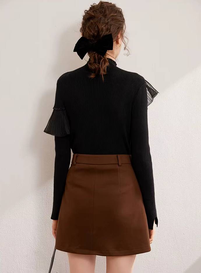 Casual High Neck Windproof Warm Beaded Splicing Folded Ruffle Edge Knitted Sweater