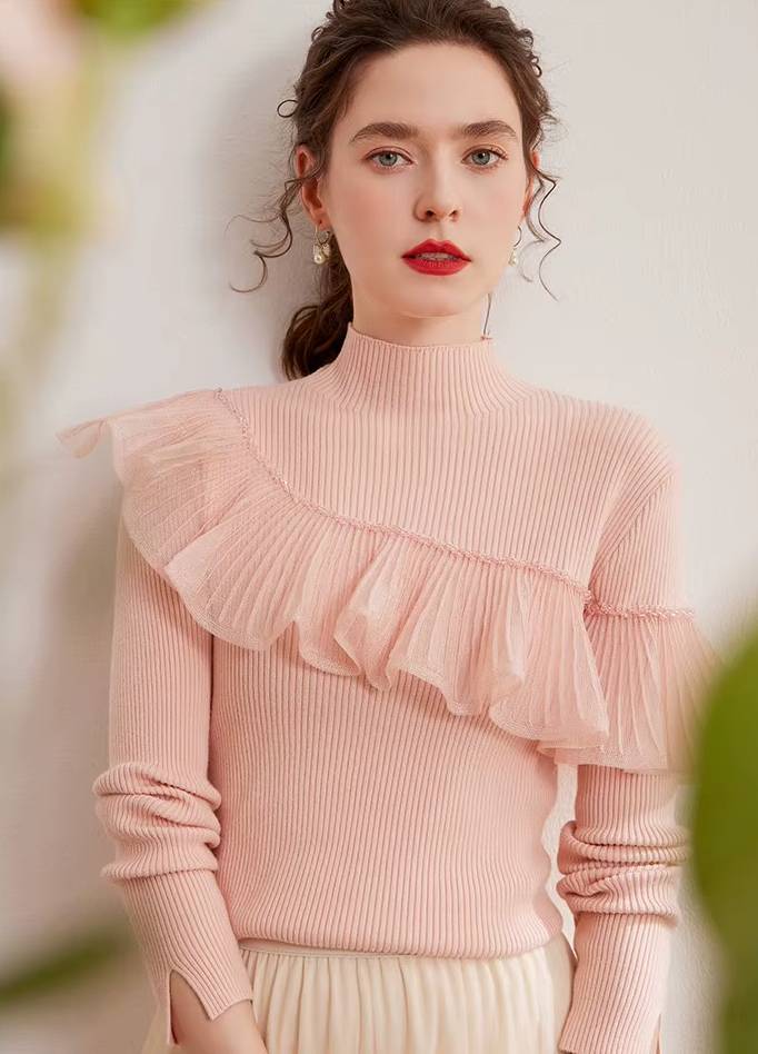 Casual High Neck Windproof Warm Beaded Splicing Folded Ruffle Edge Knitted Sweater
