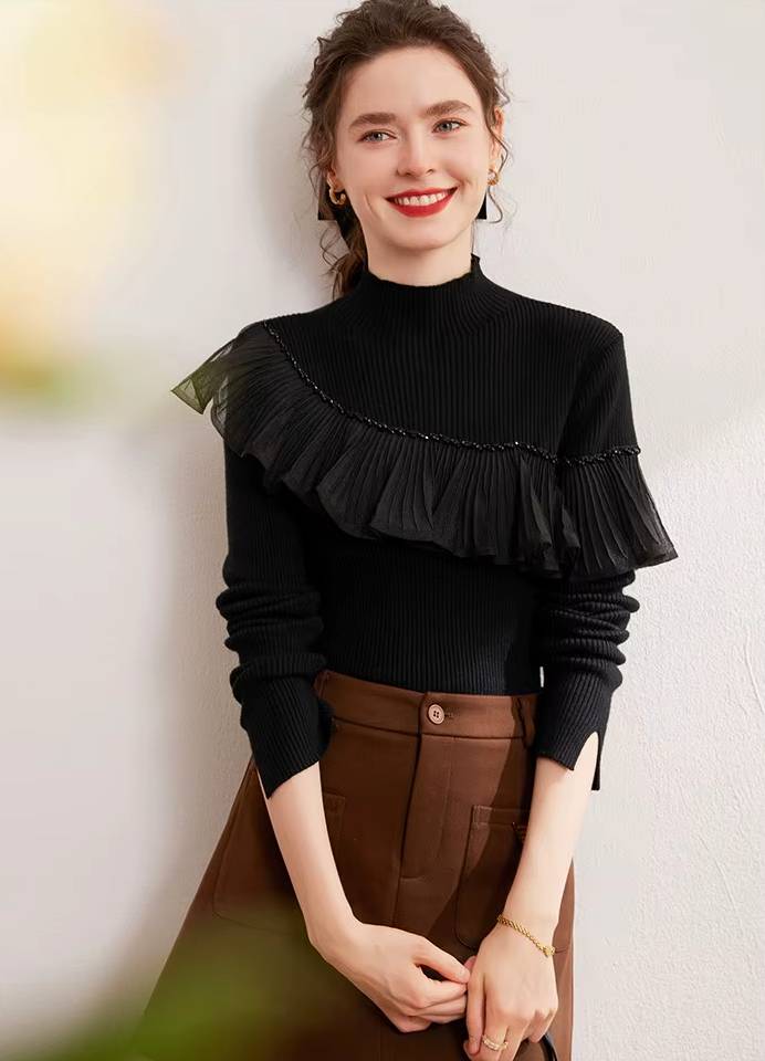 Casual High Neck Windproof Warm Beaded Splicing Folded Ruffle Edge Knitted Sweater