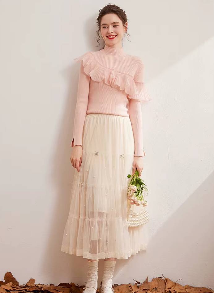 Casual High Neck Windproof Warm Beaded Splicing Folded Ruffle Edge Knitted Sweater