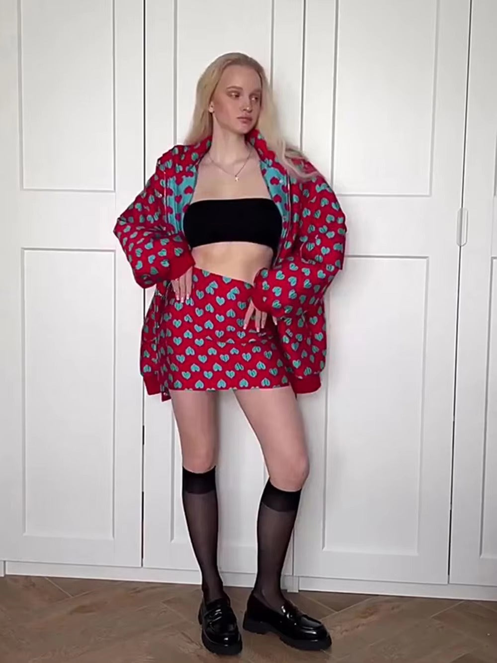 Casual High Street Warm Cotton Printed Skirt And Jacket Two Piece Set