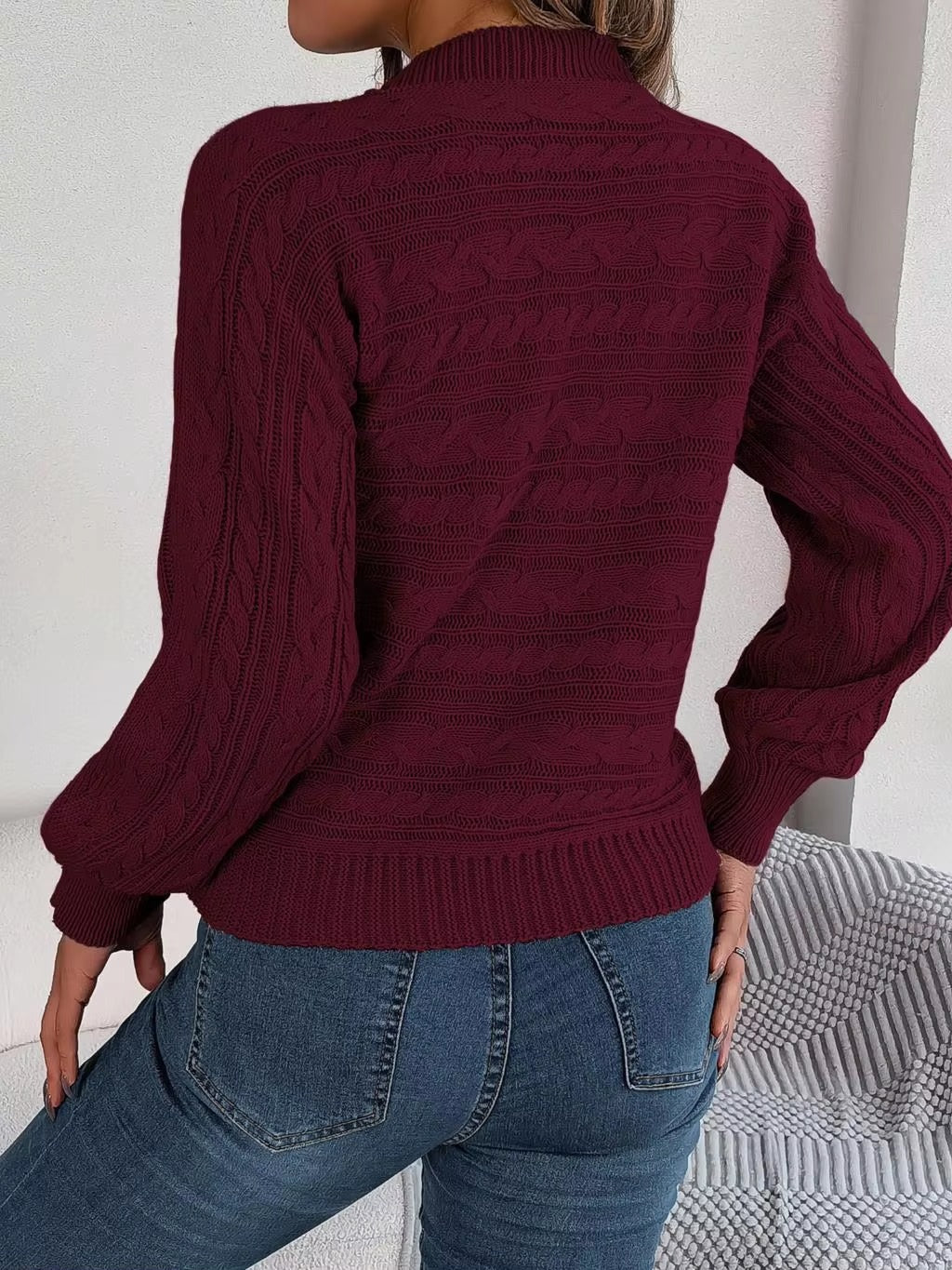Casual Hollow Out O-Neck Leisure Solid Twist Lantern Sleeve Pullover Knitted Sweater
