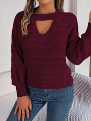 Casual Hollow Out O-Neck Leisure Solid Twist Lantern Sleeve Pullover Knitted Sweater