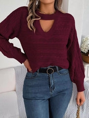 Casual Hollow Out O-Neck Leisure Solid Twist Lantern Sleeve Pullover Knitted Sweater