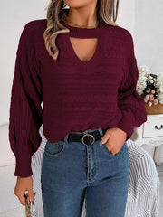 Casual Hollow Out O-Neck Leisure Solid Twist Lantern Sleeve Pullover Knitted Sweater