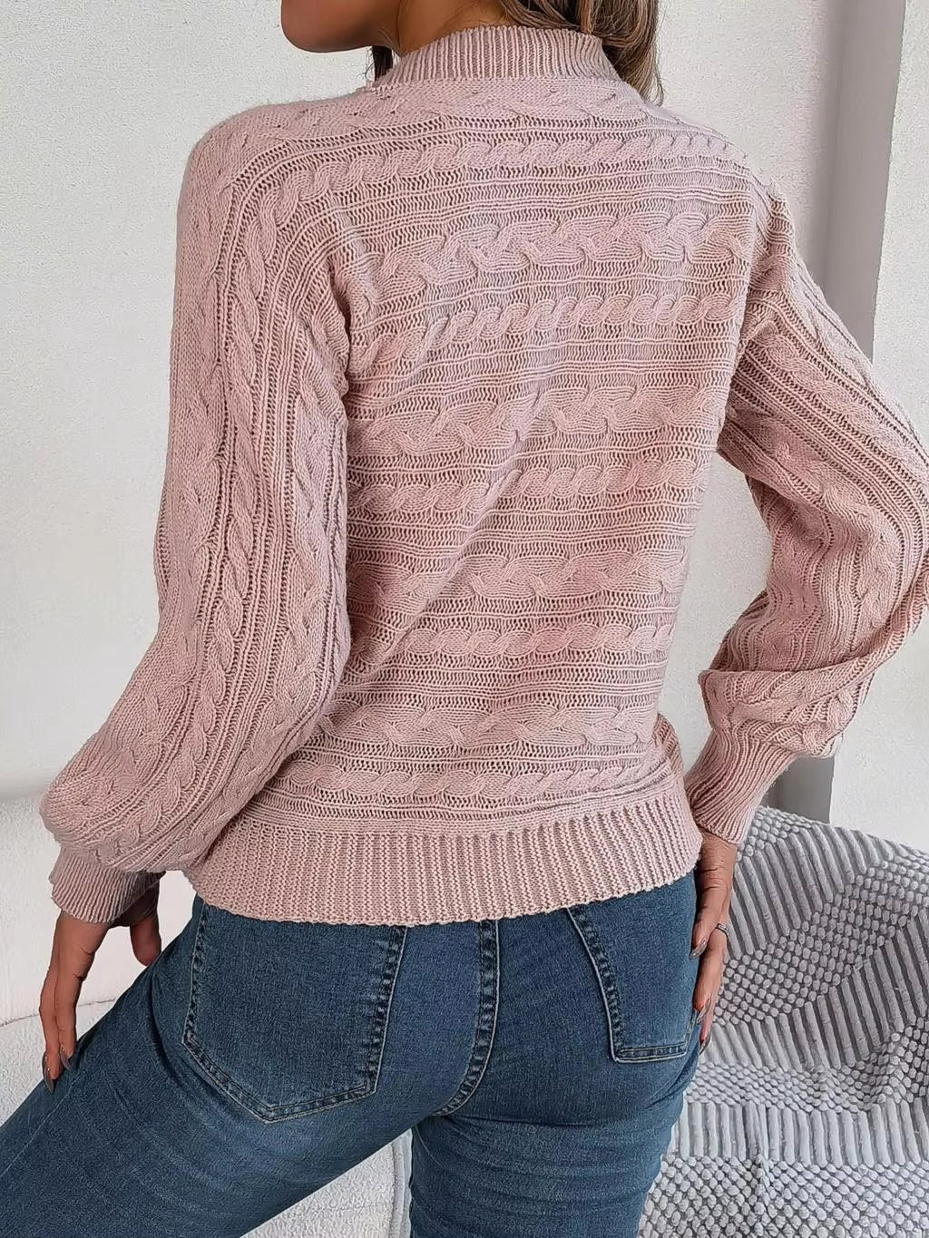 Casual Hollow Out O-Neck Leisure Solid Twist Lantern Sleeve Pullover Knitted Sweater