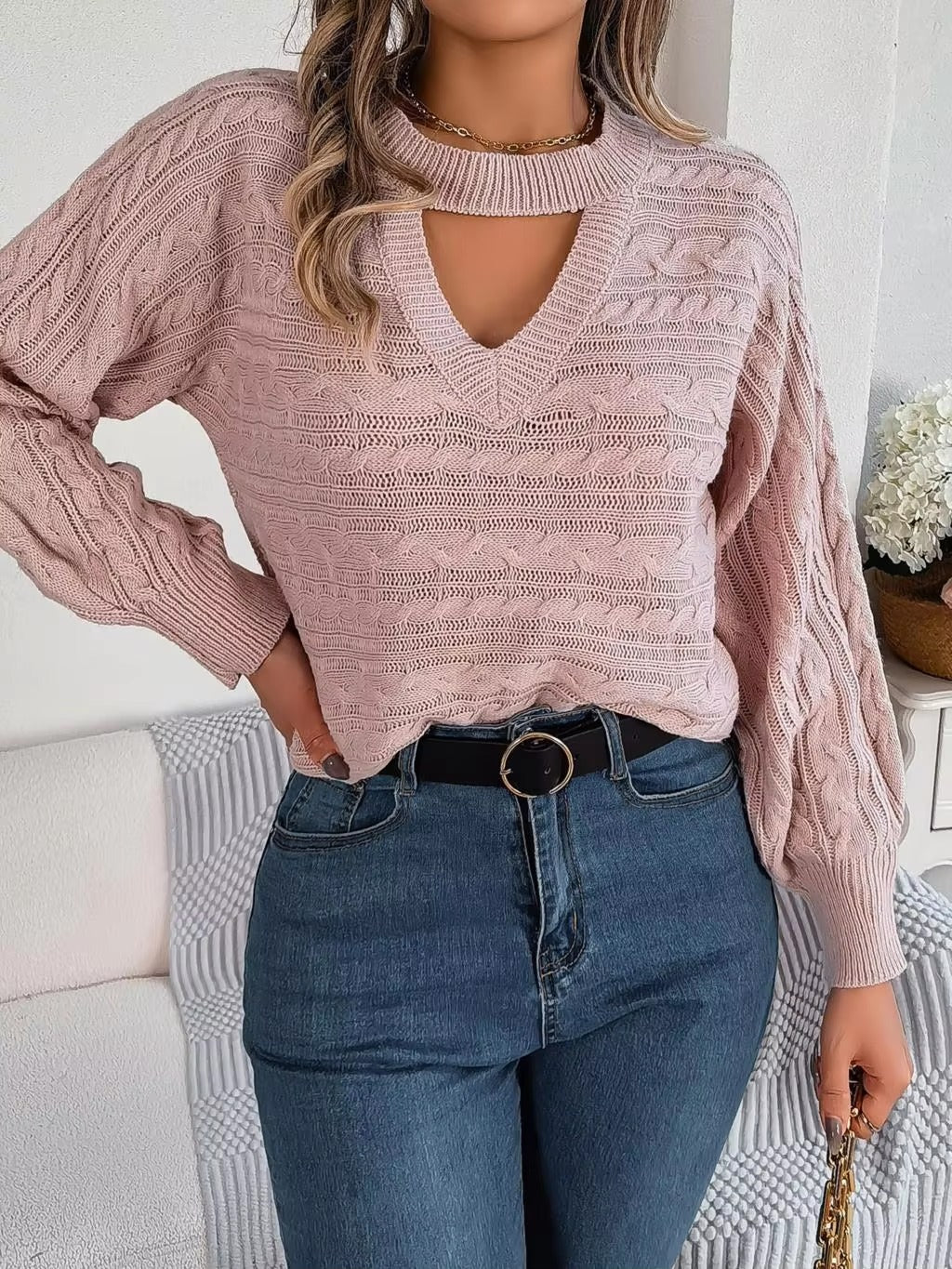 Casual Hollow Out O-Neck Leisure Solid Twist Lantern Sleeve Pullover Knitted Sweater