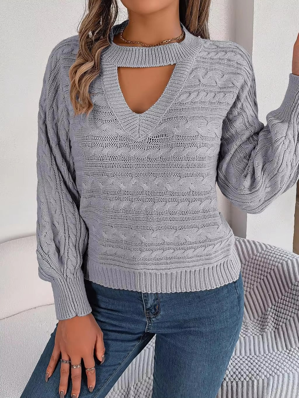 Casual Hollow Out O-Neck Leisure Solid Twist Lantern Sleeve Pullover Knitted Sweater