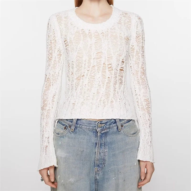 Casual Hollow Pullover Elastic knitted slim fit long sleeved Knitwear Sweaters