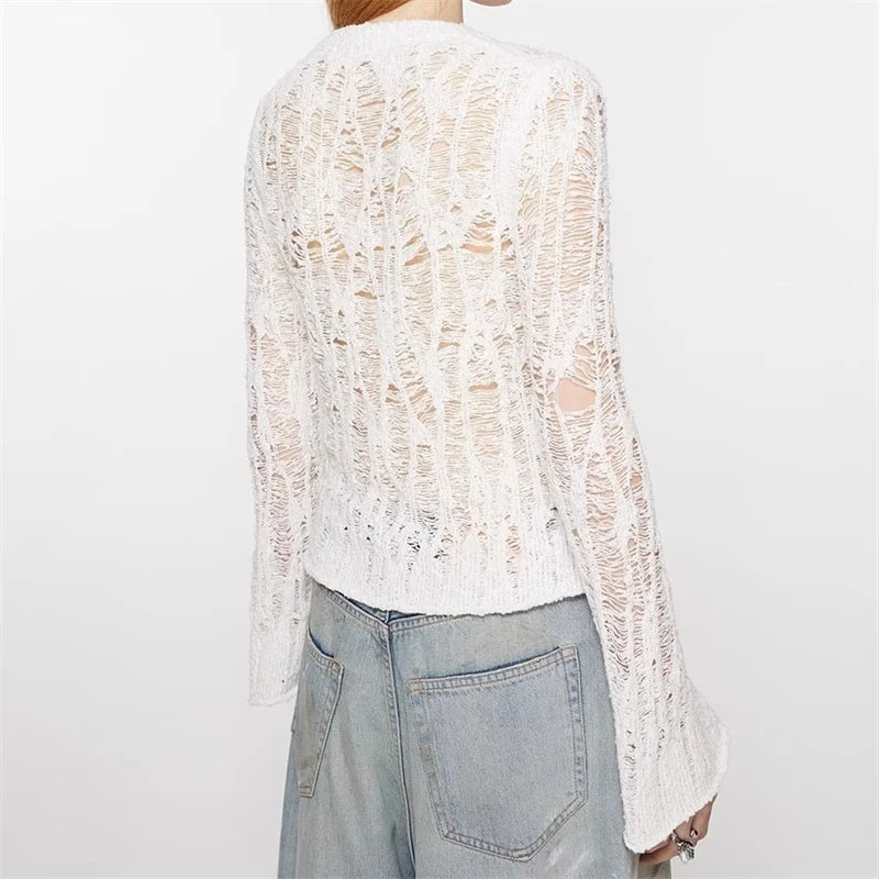 Casual Hollow Pullover Elastic knitted slim fit long sleeved Knitwear Sweaters