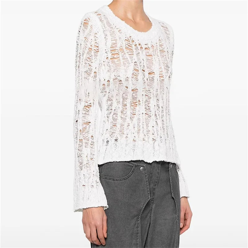 Casual Hollow Pullover Elastic knitted slim fit long sleeved Knitwear Sweaters