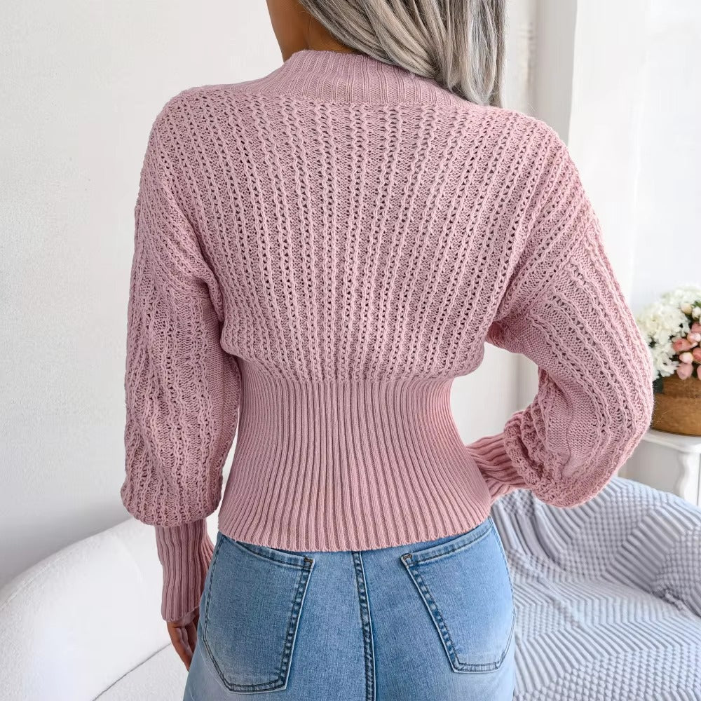 Casual Hollow V Neck Bat Sleeve High Waist Solid Color Pullover Sweater