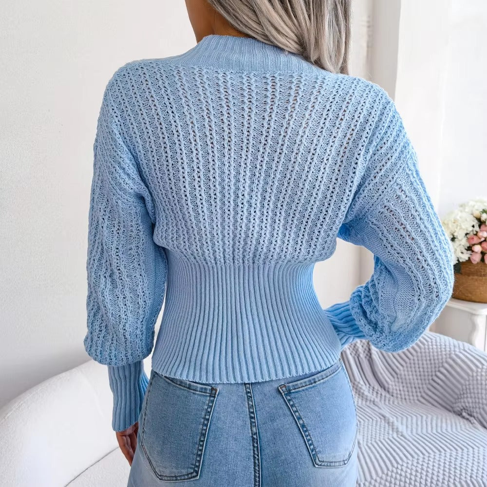 Casual Hollow V Neck Bat Sleeve High Waist Solid Color Pullover Sweater