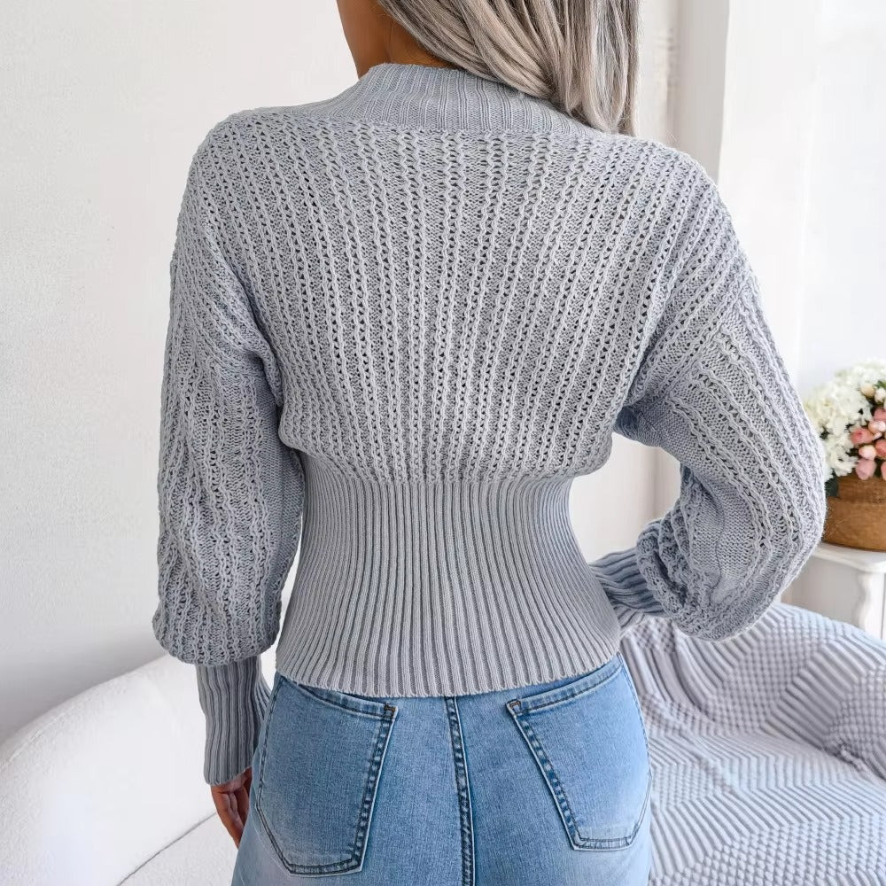 Casual Hollow V Neck Bat Sleeve High Waist Solid Color Pullover Sweater