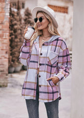 Casual Hooded Plaid Single-breasted Mid Length Shirt Coats