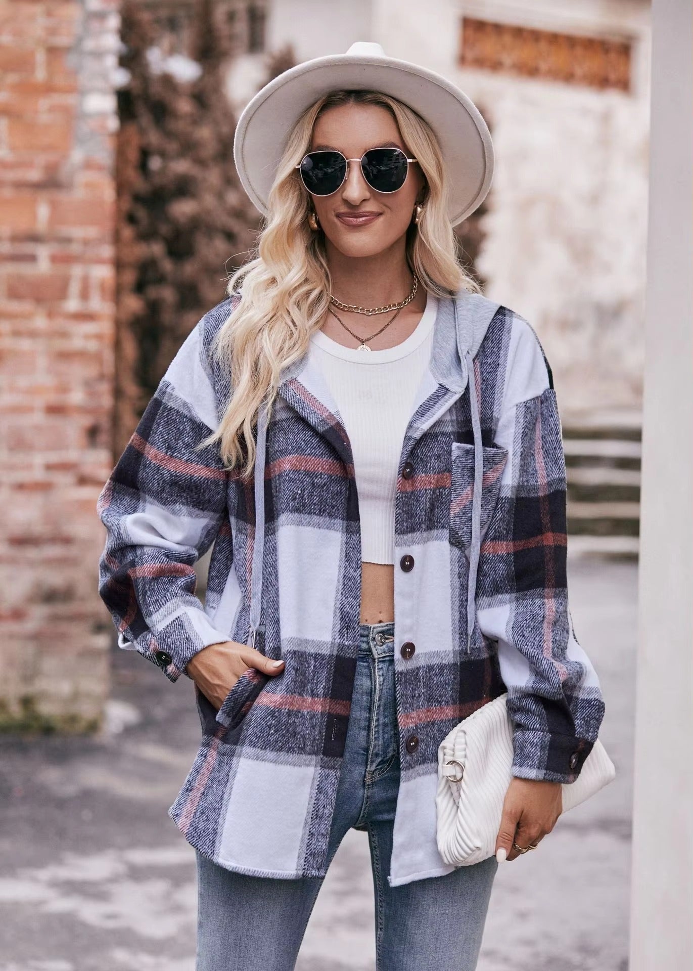 Casual Hooded Plaid Single-breasted Mid Length Shirt Coats