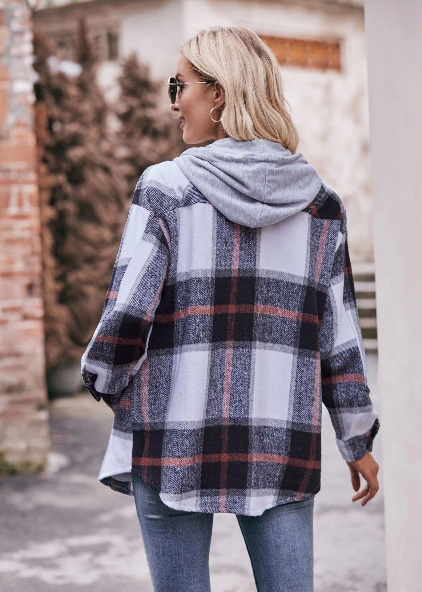 Casual Hooded Plaid Single-breasted Mid Length Shirt Coats