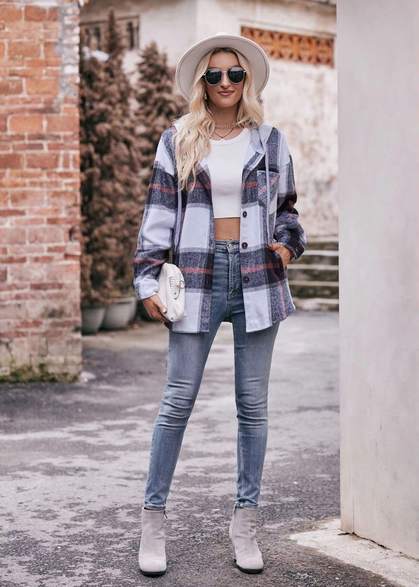 Casual Hooded Plaid Single-breasted Mid Length Shirt Coats